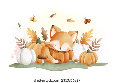 Watercolor Illustration cute baby fox sleeps on pumpkin with mushroom and autumn leaves