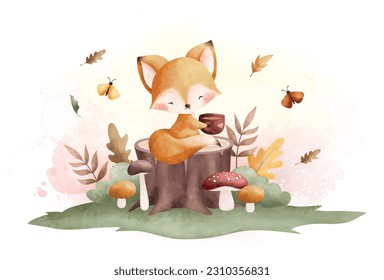 Aquarellfarben Illustration süßer Babyfuchs sitzend auf einem Holzlog mit Pilz- und Herbstblättern