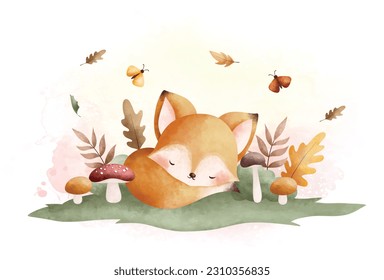 Acuarela Ilustración lindo zorro bebé duerme sobre la hierba con hongos y hojas de otoño