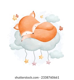 Watercolor illustration cute baby fox sleeps on cloud and stars