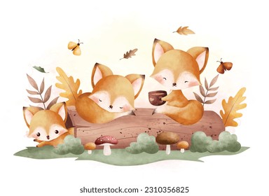 Watercolor Illustration cute baby foxes play behind a logwood with mushroom and autumn leave