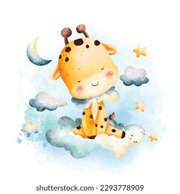 Ilustración acuarela Cute bebé girafa durmiendo en la nube con luna y estrellas