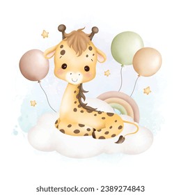 Watercolor Illustration cute baby giraffe on cloud with balloons and stars