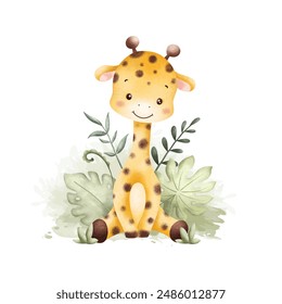 Watercolor Illustration Cute Baby Giraffe and Tropical Leaves