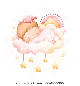 Ilustración de color de agua linda niña duerme en la nube con estrellas