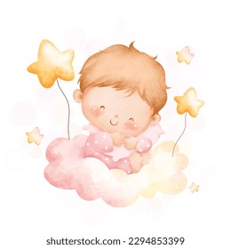 Watercolor illustration cute baby girl sits on cloud with stars