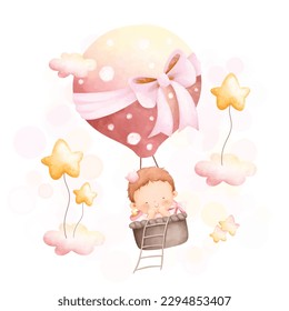 Watercolor illustration cute baby girl in hot air balloon