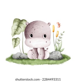 Watercolor Illustration cute baby hippo sitting on the grass with leaves