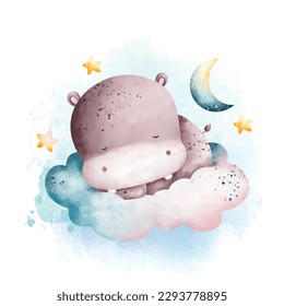 Watercolor illustration Cute baby hippo sleeping on the cloud with moon and stars