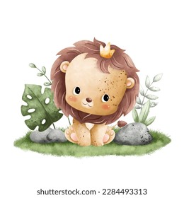 Watercolor Illustration cute baby lion sitting on the grass with leaves