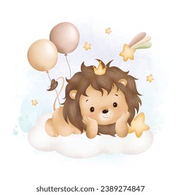 Acuarela Ilustración lindo bebé león en la nube con globos y estrellas