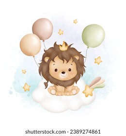 Watercolor Illustration cute baby lion on cloud with balloons and stars