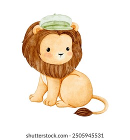 Ilustración de acuarela lindo bebé león sentado y usar gorra verde. Ilustración de dibujos animados para niños. Safari bebé animal Vector