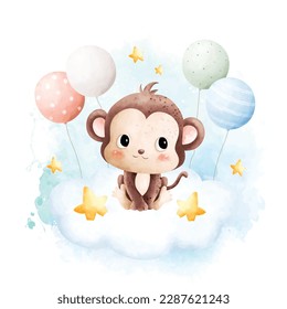 Watercolor illustration Cute baby monkey and balloons sits on the cloud