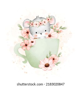 Watercolor Illustration Cute baby mouse in cup of flowers 