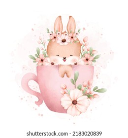 Watercolor Illustration Cute baby rabbit in cup of flowers 