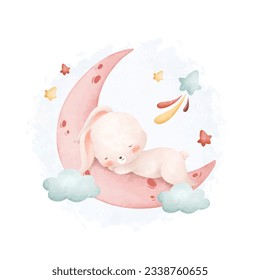 Watercolor illustration cute baby rabbit sleeps on moon with cloud and stars