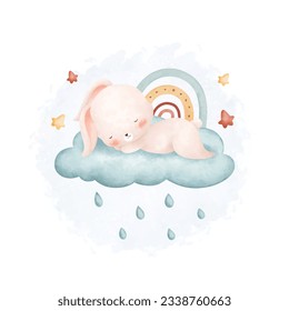 Watercolor illustration cute baby rabbit sleeps on rainbow with cloud and stars