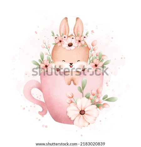 Watercolor Illustration Cute baby rabbit in cup of flowers 
