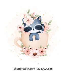 Watercolor Illustration Cute baby raccoon in cup of flowers 