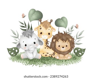 Watercolor Illustration cute baby safari animals sit on green grass and tropical leaves