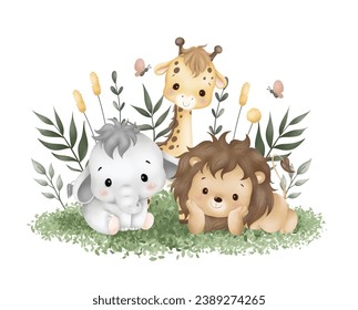 Watercolor Illustration cute baby safari animals sit on green grass and tropical leaves