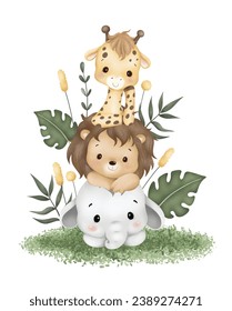 Watercolor Illustration cute baby safari animals sit on green grass and tropical leaves