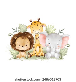 Watercolor Illustration Cute Baby Safari Animals and Tropical Leaves