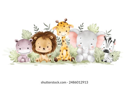 Watercolor Illustration Cute Baby Safari Animals and Tropical Leaves