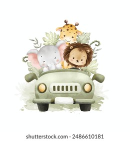 Watercolor Illustration Cute Baby Safari Animals in Car