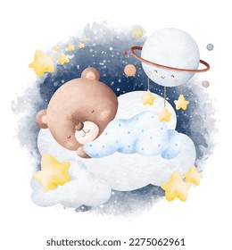 Watercolor illustration cute baby teddy bear sleeping on the cloud