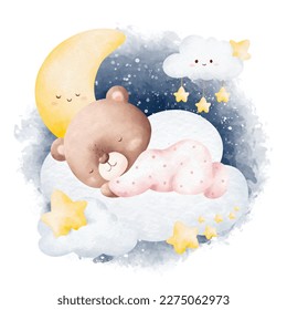 Watercolor illustration cute baby teddy bear sleeping on the cloud