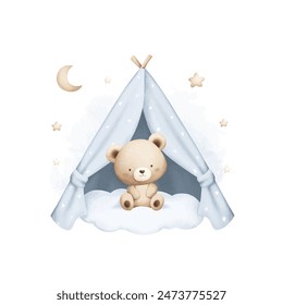 Watercolor Illustration Cute Baby Teddy Bear in Blue Tent