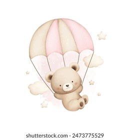 Watercolor Illustration Cute Baby Teddy Bear Fllies with Parachute