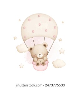 Ilustración de acuarela lindo bebé osito de peluche moscas con paracaídas