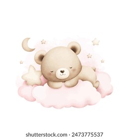 Watercolor Illustration Cute Baby Teddy Bear Sleeps on Cloud with Moon and Stars