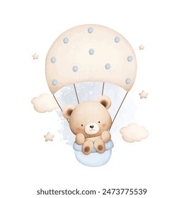 Ilustración de acuarela lindo bebé osito de peluche moscas con paracaídas