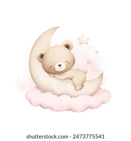 Acuarela Ilustración lindo bebé osito de peluche duerme en la luna con estrellas