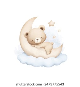 Watercolor Illustration Cute Baby Teddy Bear Sleeps on Moon with Stars