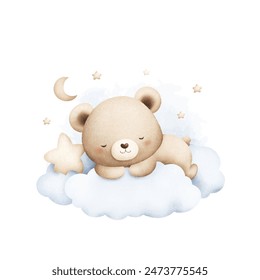 Watercolor Illustration Cute Baby Teddy Bear Sleeps on Cloud with Moon and Stars