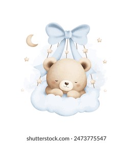 Watercolor Illustration Cute Baby Teddy Bear Sleeps on Cloud with Moon and Stars