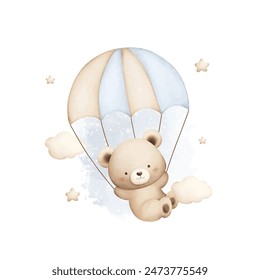 Watercolor Illustration Cute Baby Teddy Bear Fllies with Parachute