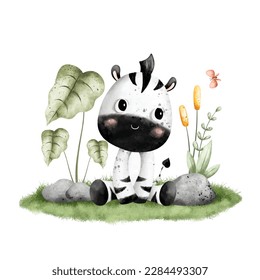 Watercolor Illustration cute baby zebra sitting on the grass with leaves