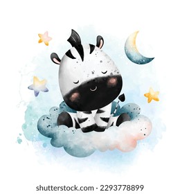 Watercolor illustration Cute baby zebra sleeping on the cloud with moon and stars