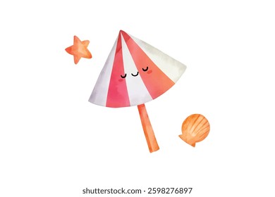 Watercolor illustration of a cute beach umbrella with seashells and a starfish. Ideal for summer, beach, and vacation designs.