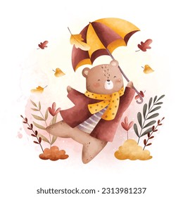 Watercolor Illustration cute bear brings umbrella at garden with autumn leaves