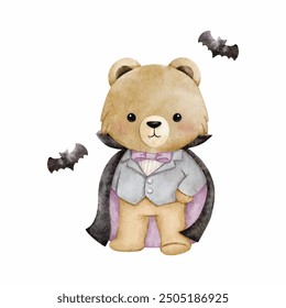 Watercolor Illustration Cute Bear Dracula Vampire Cartoon Vector. Animal Holiday with Halloween Concept Vector