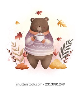 Watercolor Illustration cute bear drinks hot tea at garden with autumn leaves