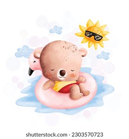 Watercolor illustration cute bear enjoy summer holiday in the poo