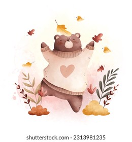 Watercolor Illustration cute bear at garden with autumn leaves